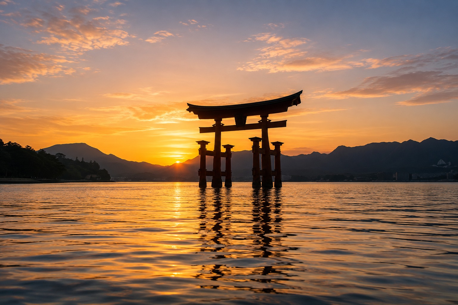 Torii vermelho sobre a água ao entardecer, Japão