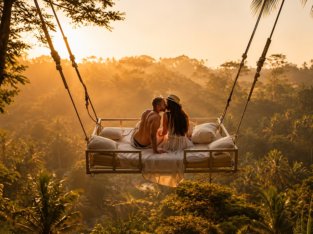 Casal em cama suspensa entre os arrozais de Bali
