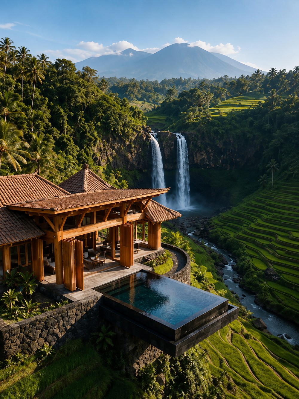 Villa suspensa sobre uma cachoeira em Bali, com vista para arrozais em terraço e um vulcão ao fundo
