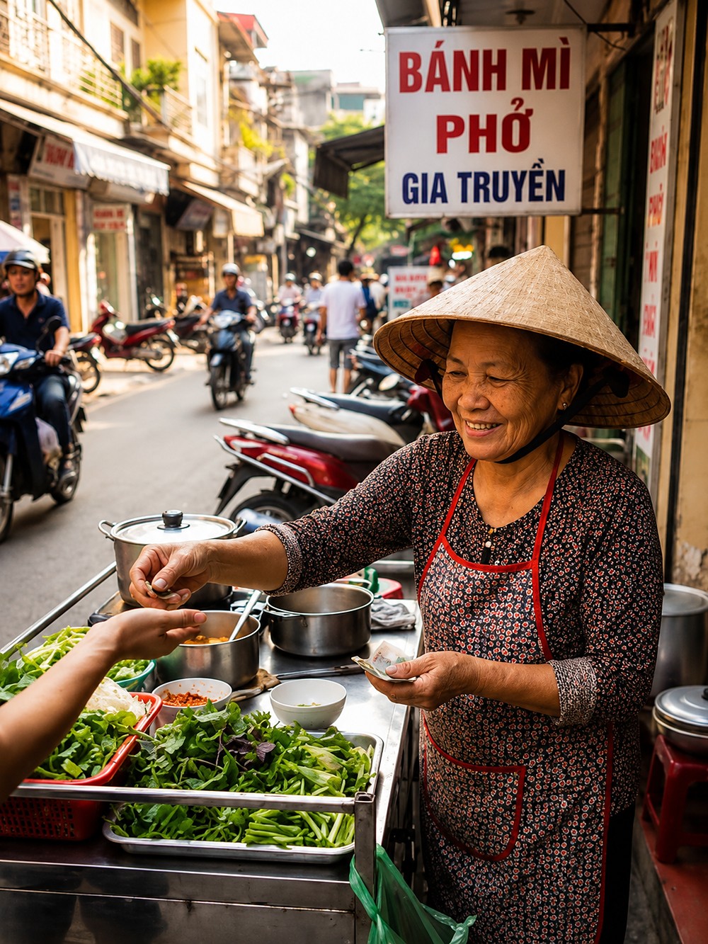 Vendedora de rua preparando pho e bánh mì em Hanói, cercada pela vida cotidiana da cidade