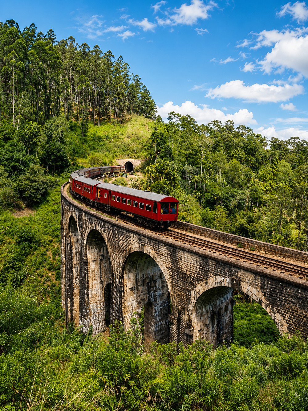 Trem histórico atravessando uma ponte de pedra em meio à floresta no Sri Lanka