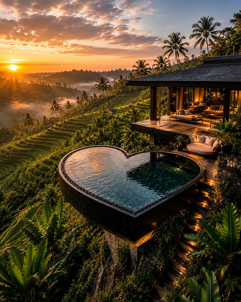 Piscina em formato de coração sobre os arrozais de Bali ao amanhecer