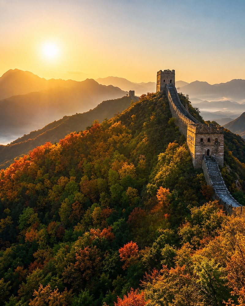 Grande Muralha da China entre montanhas no outono