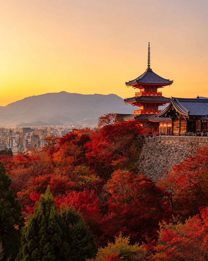 Pagode de Kiyomizu-dera em Kyoto ao entardecer, com a cidade ao fundo
