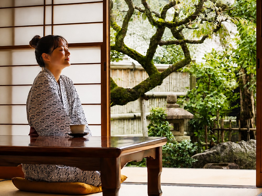 Mulher contemplando um jardim japonês tradicional, sentada em uma sala de tatame com uma xícara de chá