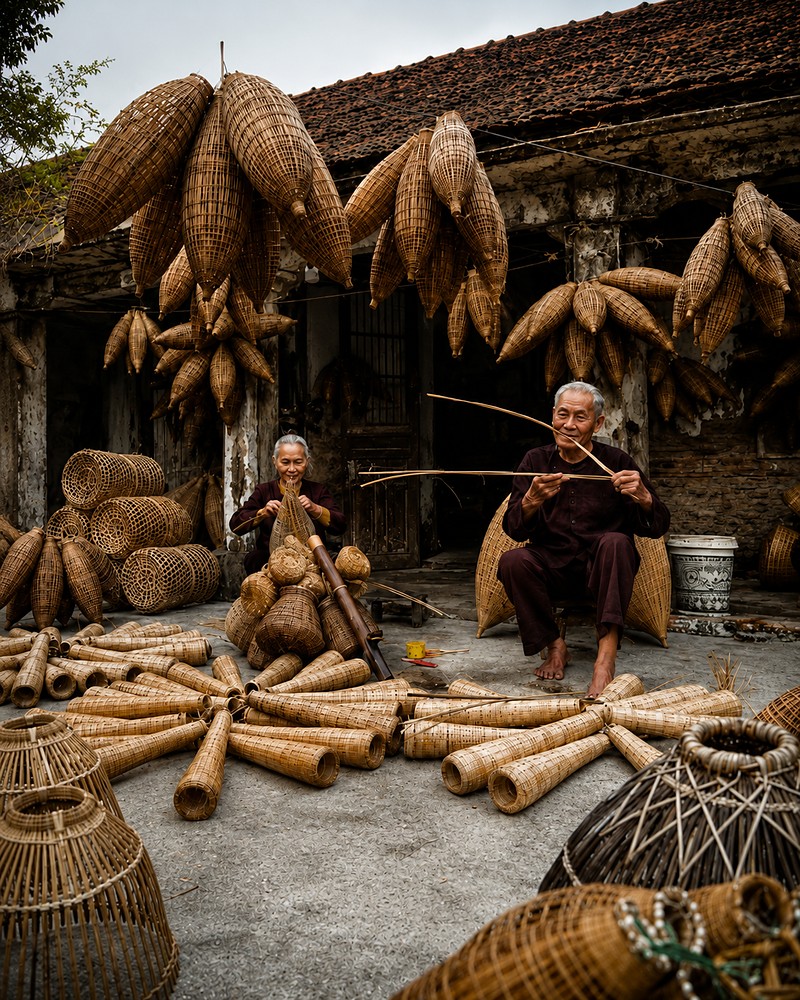 Artesãos tecendo armadilhas de bambu tradicionais em um vilarejo no Vietnã