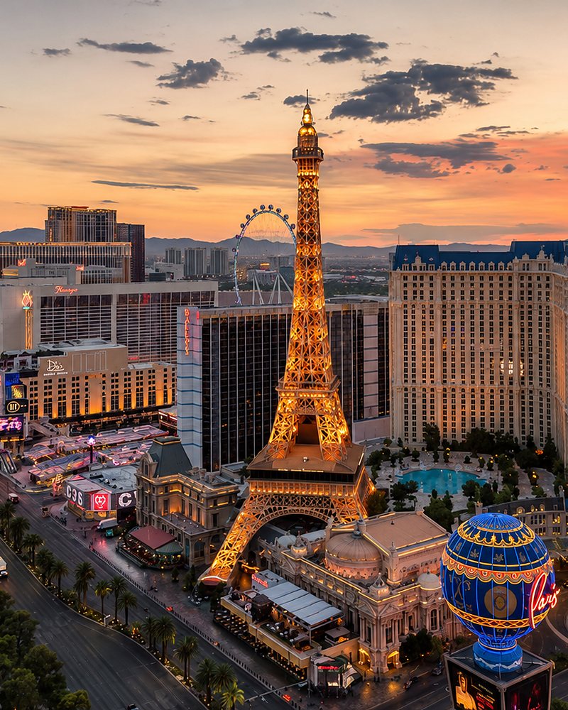 Vista aérea da avenida principal de Las Vegas ao entardecer