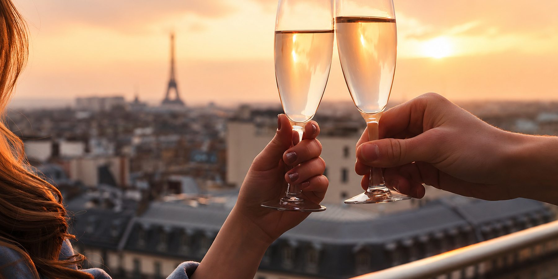 Casal brindando com champagne ao entardecer, com a Torre Eiffel ao fundo