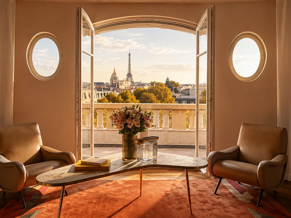 Sala de estar de hotel de luxo em Paris com vista para a Torre Eiffel